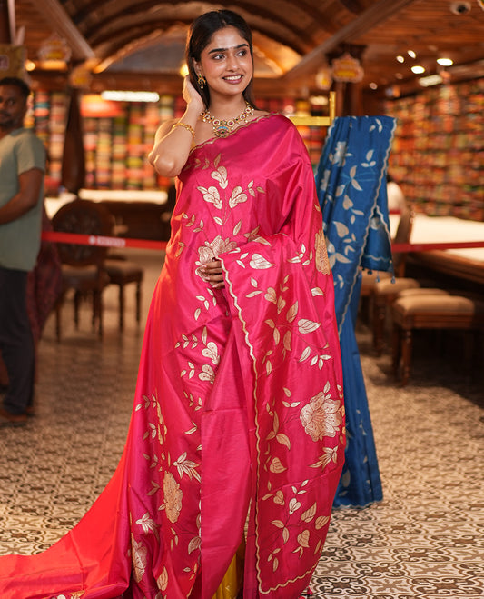 Rani Pink Dupion Silk Saree, Delicately Decked Up with Floral-Leaf Vine Embroidered On Its Body, Subtle Scallop Border, Artfully Floral Embroidered Pallu, and Paired with a Plain Blouse