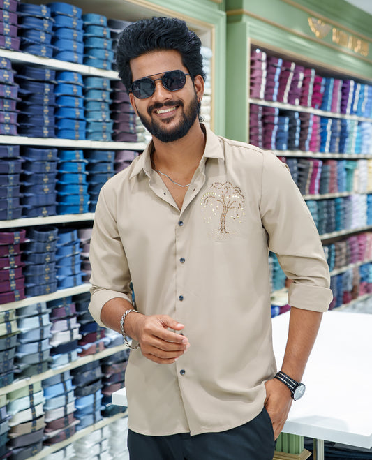 Cream Poly Blended Party Wear Shirt, Decorated with Tree-Motif Embroidery, Featuring a Spread Collar, Full Sleeves, Slim Fit, and Regular Length