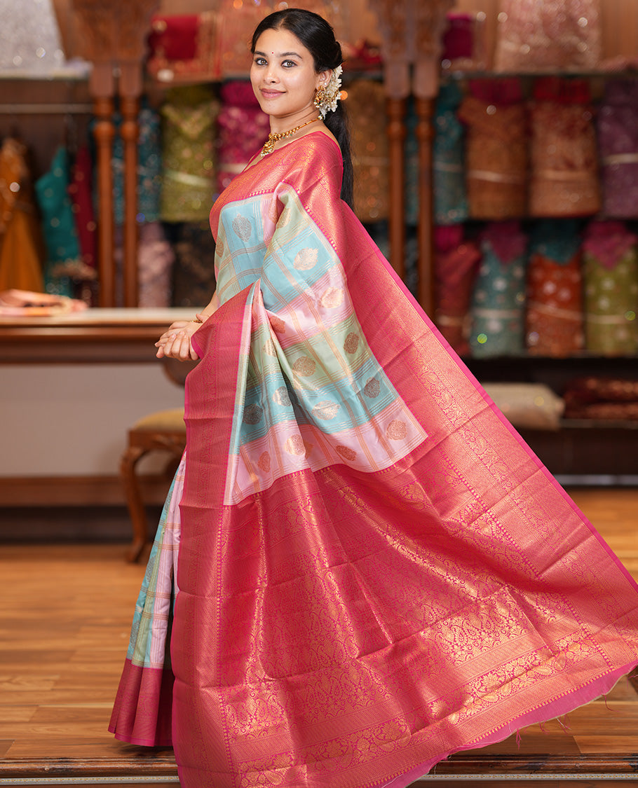 Multi-Color Zari Butta Enclosed Checks Litchi Saree, Graced with Contrast Traditional Border and Blouse