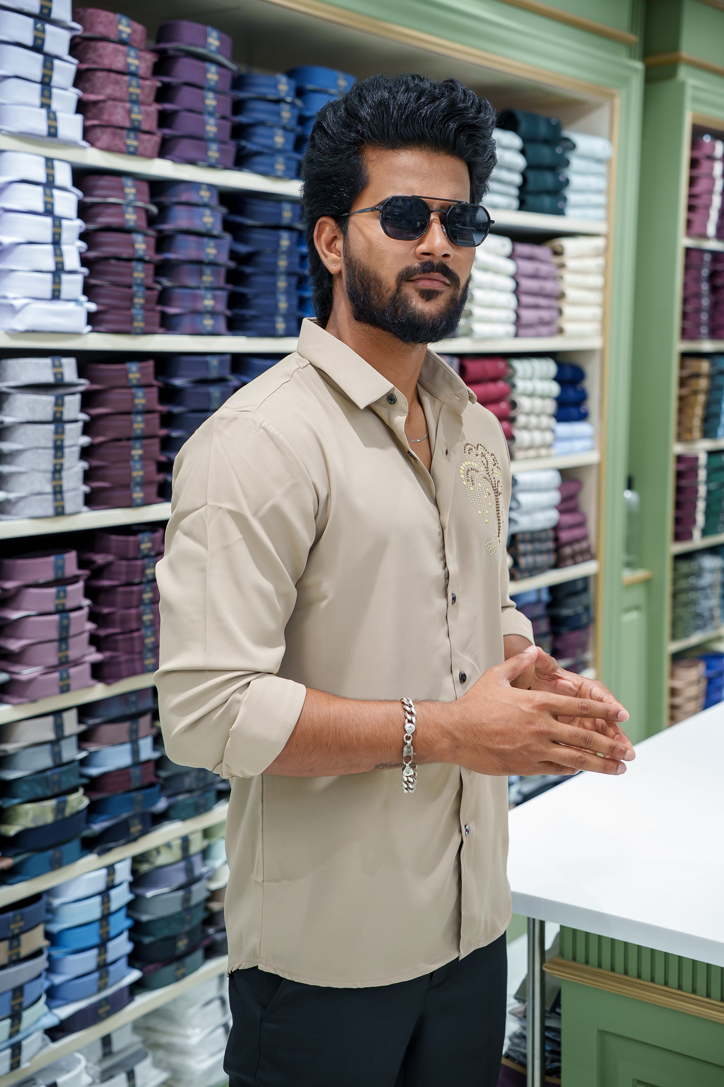 Cream Poly Blended Party Wear Shirt, Decorated with Tree-Motif Embroidery, Featuring a Spread Collar, Full Sleeves, Slim Fit, and Regular Length