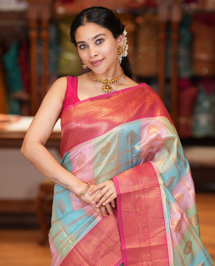 Multi-Color Zari Butta Enclosed Checks Litchi Saree, Graced with Contrast Traditional Border and Blouse