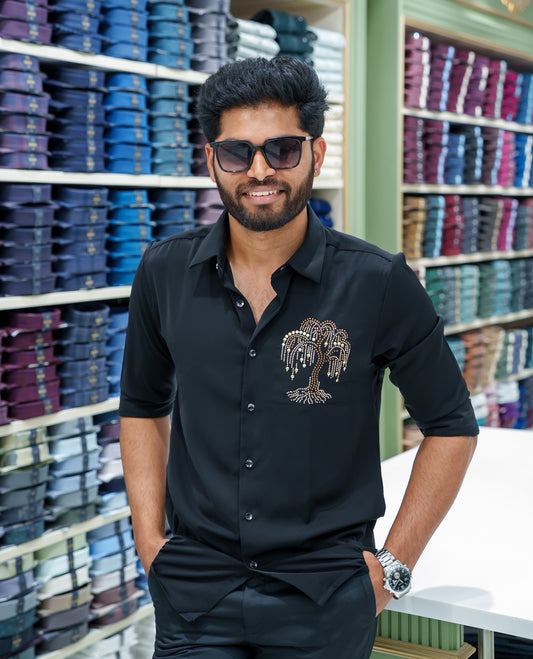 Black Poly Blended Party Wear Shirt, Decorated with Tree-Motif Embroidery, Featuring a Spread Collar, Full Sleeves, Slim Fit, and Regular Length