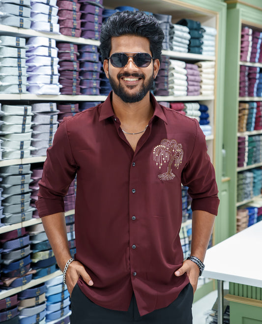 Maroon Poly Blended Party Wear Shirt, Decorated with Tree-Motif Embroidery, Featuring a Spread Collar, Full Sleeves, Slim Fit, and Regular Length