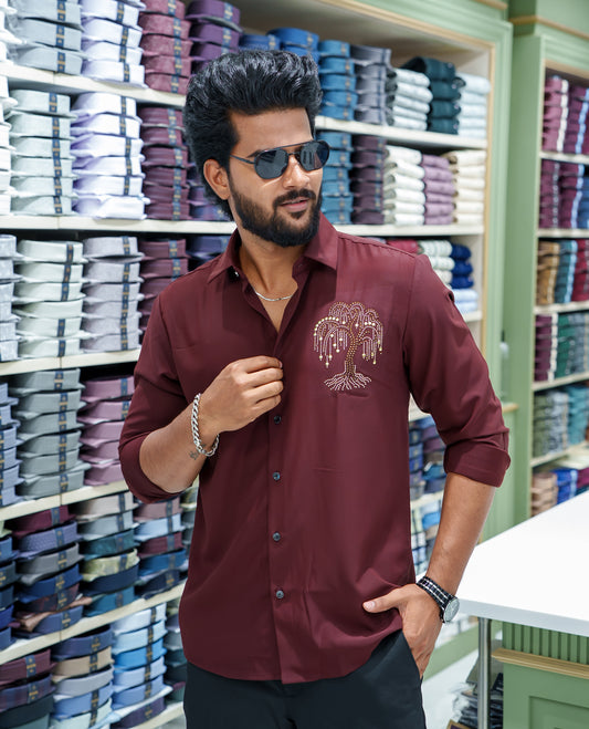 Maroon Poly Blended Party Wear Shirt, Decorated with Tree-Motif Embroidery, Featuring a Spread Collar, Full Sleeves, Slim Fit, and Regular Length