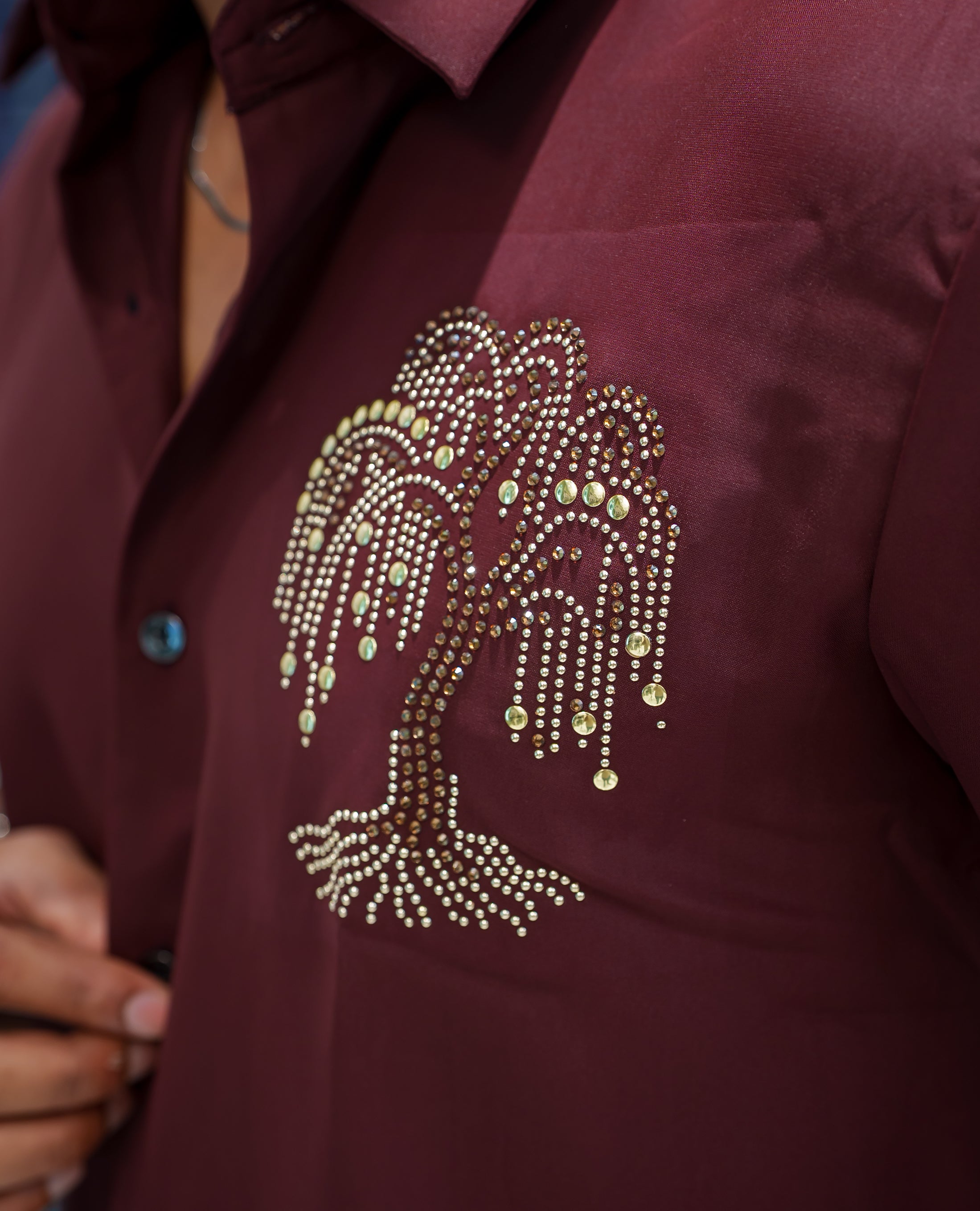 Maroon Poly Blended Party Wear Shirt, Decorated with Tree-Motif Embroidery, Featuring a Spread Collar, Full Sleeves, Slim Fit, and Regular Length
