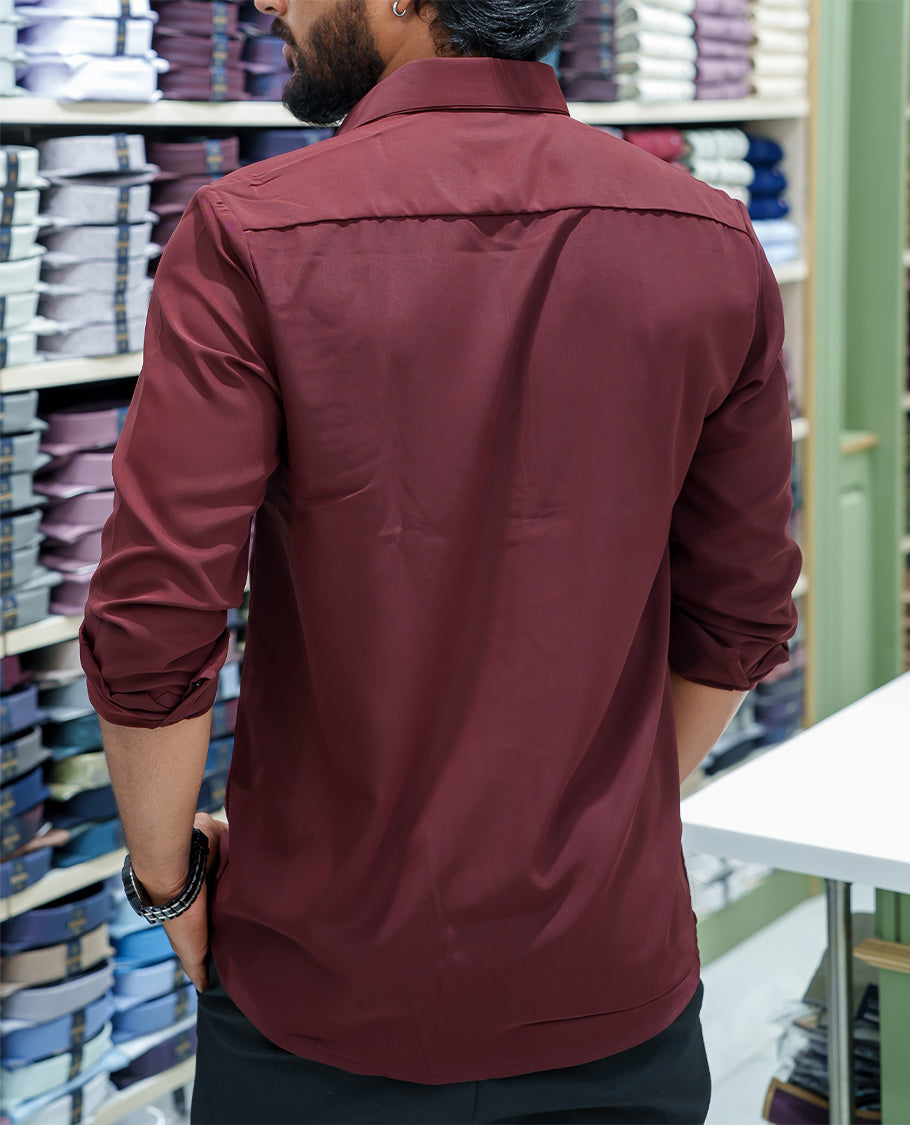 Maroon Poly Blended Party Wear Shirt, Decorated with Tree-Motif Embroidery, Featuring a Spread Collar, Full Sleeves, Slim Fit, and Regular Length