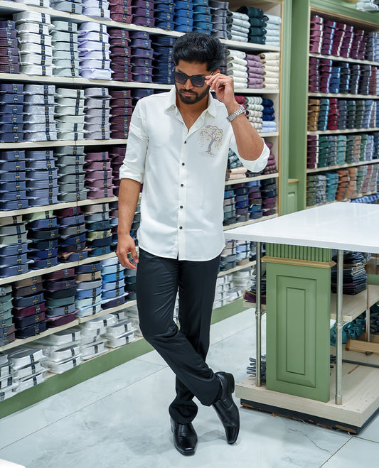 White Poly Blended Party Wear Shirt, Decorated with Tree-Motif Embroidery, Featuring a Spread Collar, Full Sleeves, Slim Fit, and Regular Length