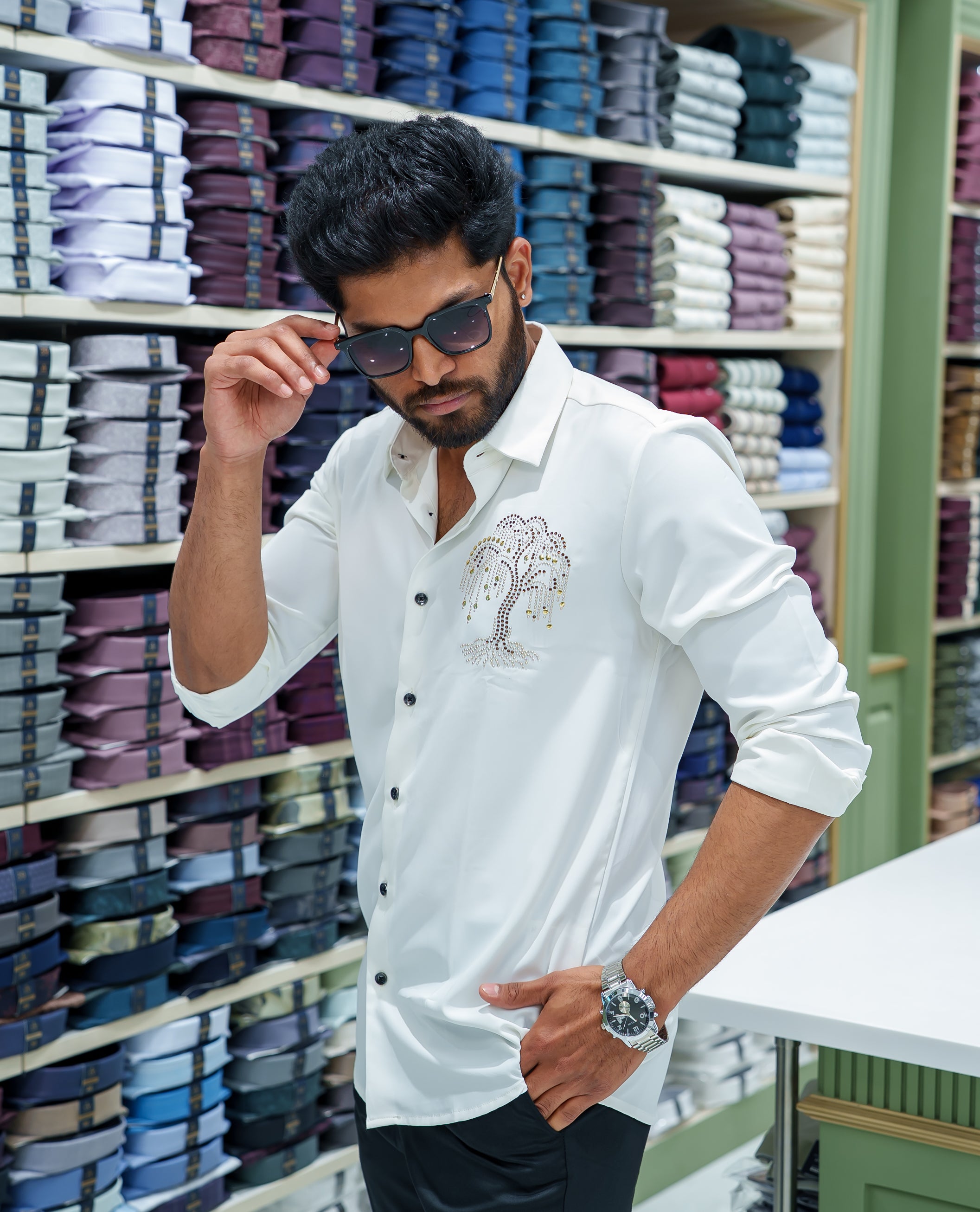 White Poly Blended Party Wear Shirt, Decorated with Tree-Motif Embroidery, Featuring a Spread Collar, Full Sleeves, Slim Fit, and Regular Length