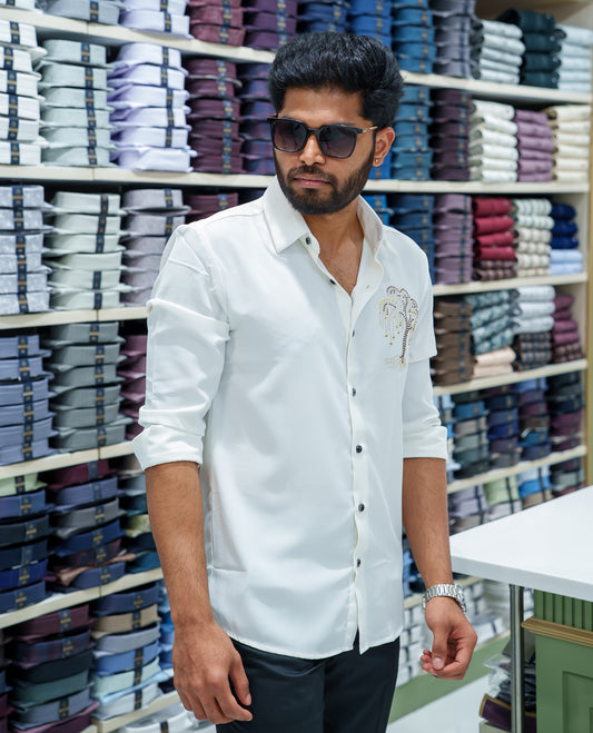 White Poly Blended Party Wear Shirt, Decorated with Tree-Motif Embroidery, Featuring a Spread Collar, Full Sleeves, Slim Fit, and Regular Length