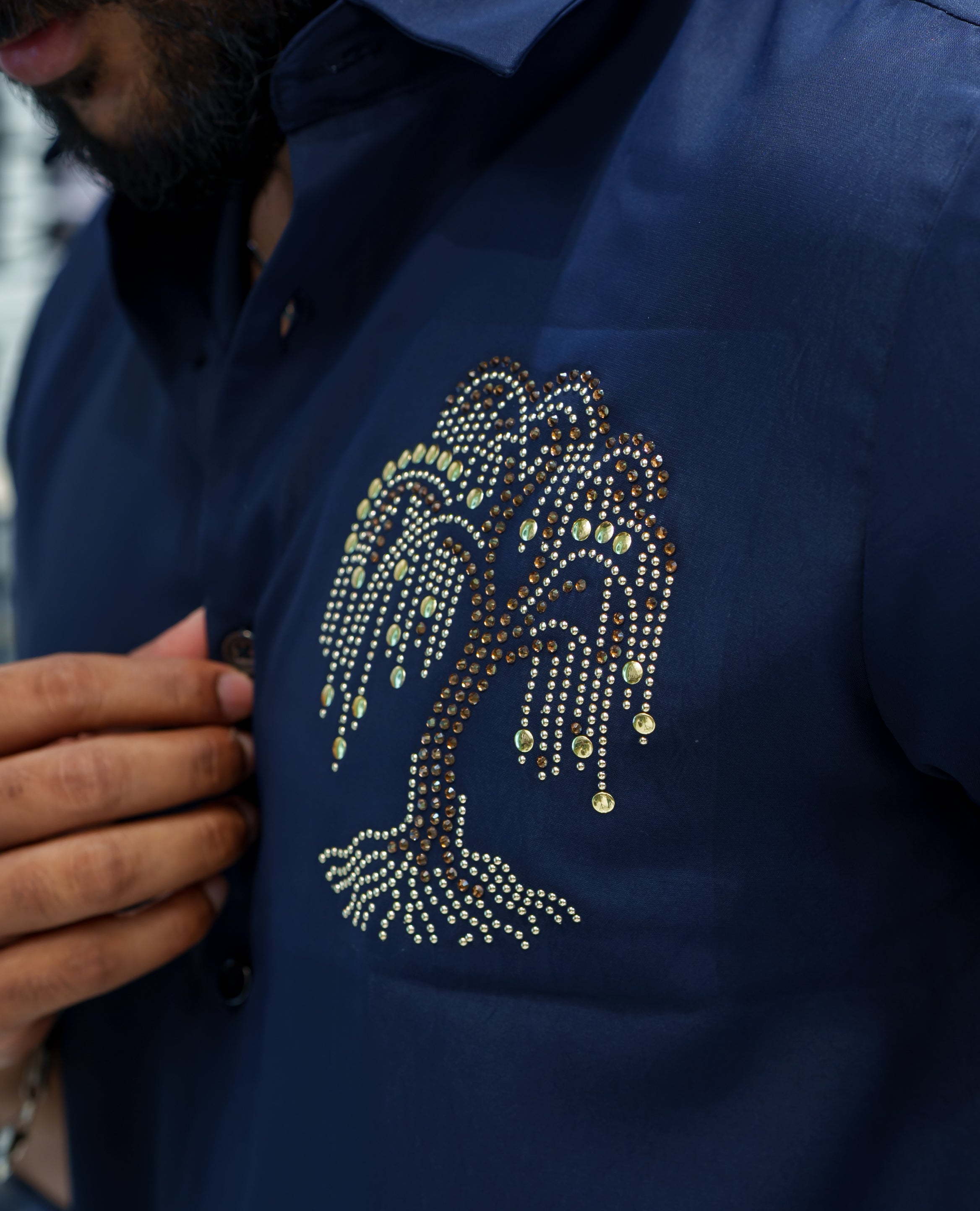 Navy Blue Poly Blended Party Wear Shirt, Embellished with Tree-Motif Embroidery, Featuring a Spread Collar, Full Sleeves, Slim Fit, and Regular Length