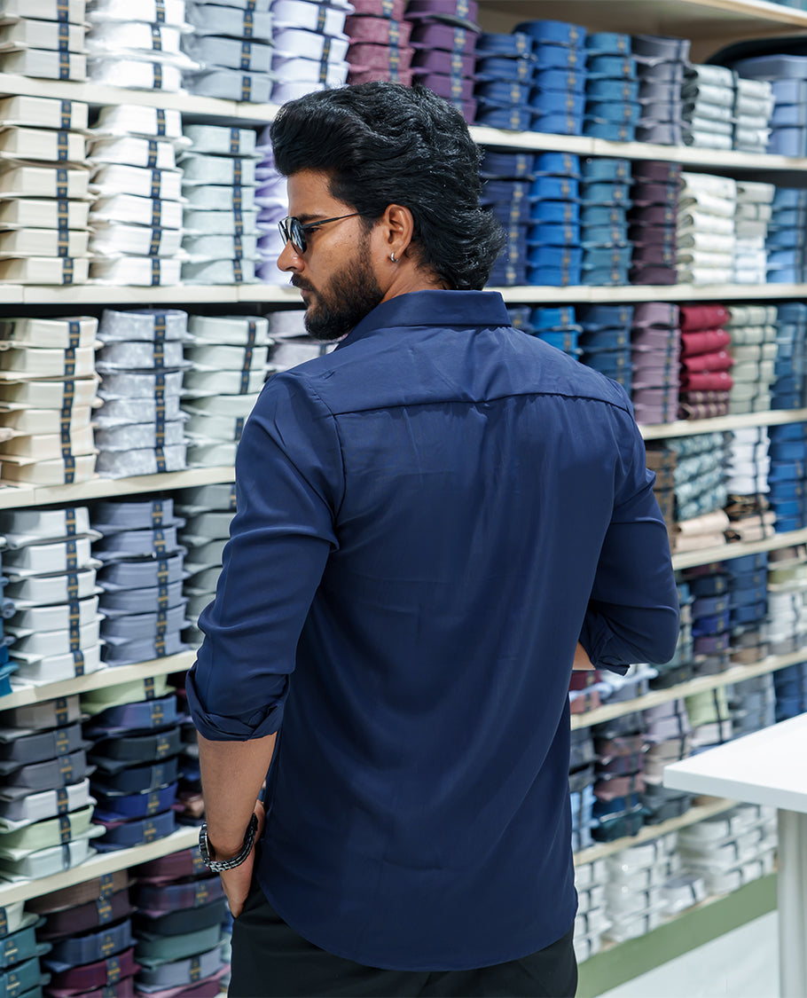 Navy Blue Poly Blended Party Wear Shirt, Embellished with Tree-Motif Embroidery, Featuring a Spread Collar, Full Sleeves, Slim Fit, and Regular Length