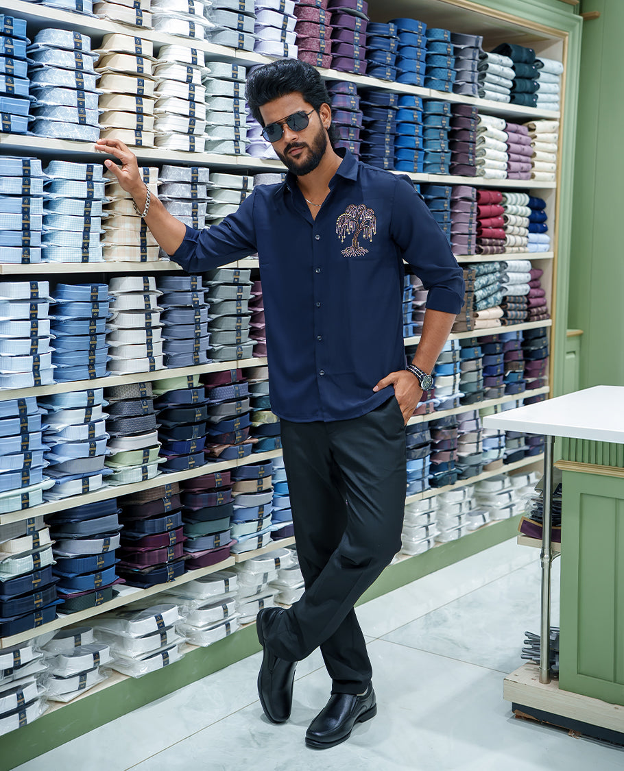 Navy Blue Poly Blended Party Wear Shirt, Embellished with Tree-Motif Embroidery, Featuring a Spread Collar, Full Sleeves, Slim Fit, and Regular Length