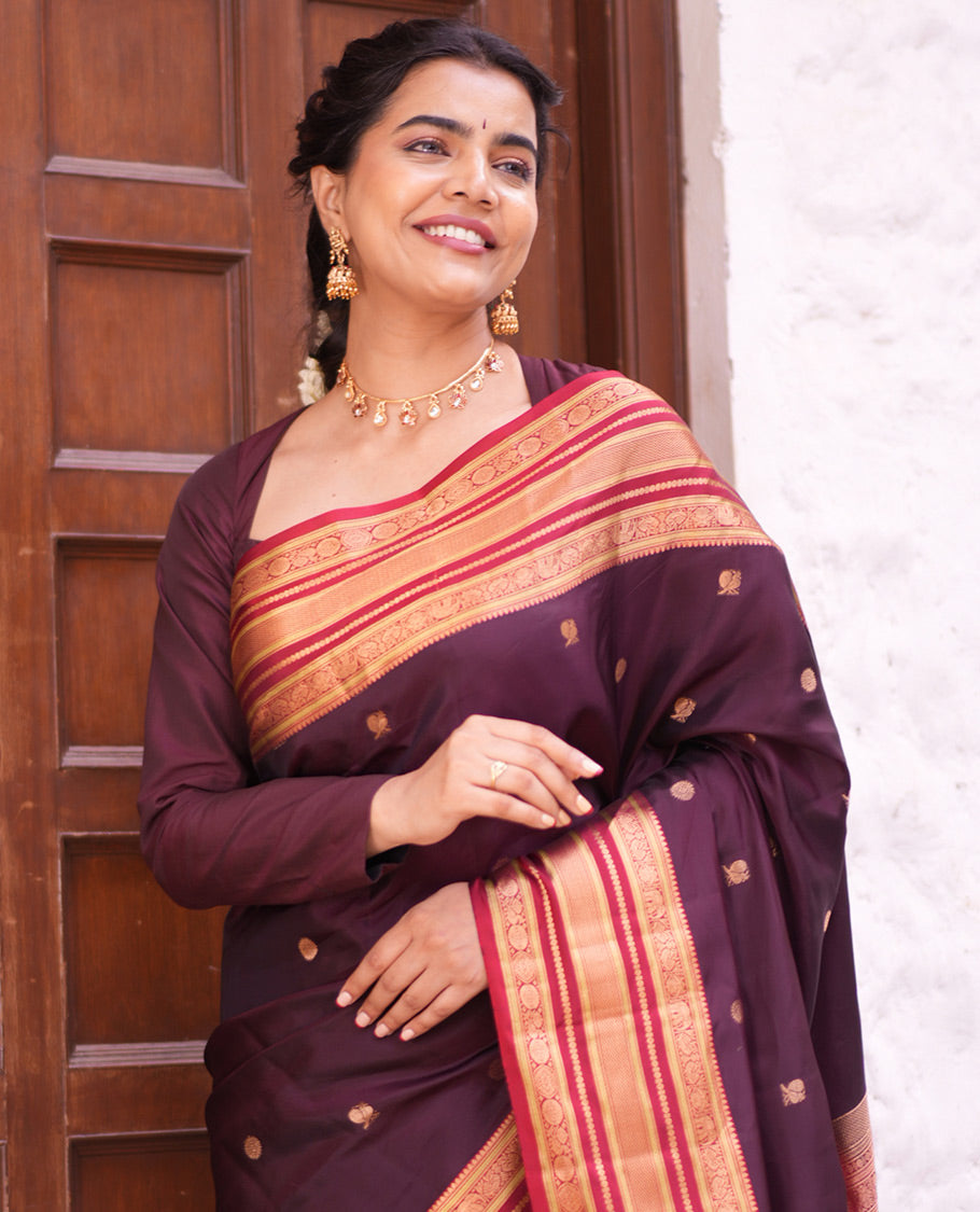 Coffee Brown Mayil-Chakra Vasundhara Lite Silk Mix Saree, Contrast Traditional Border, and Contrast Blouse