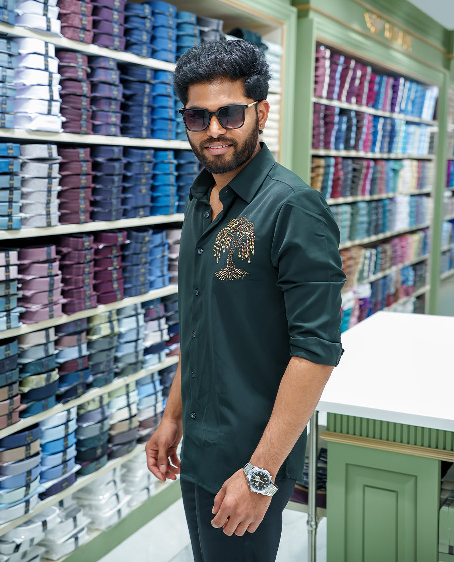 Dark Green Poly Blended Party Wear Shirt, Decorated with Tree-Motif Embroidery, Featuring a Spread Collar, Full Sleeves, Slim Fit, and Regular Length