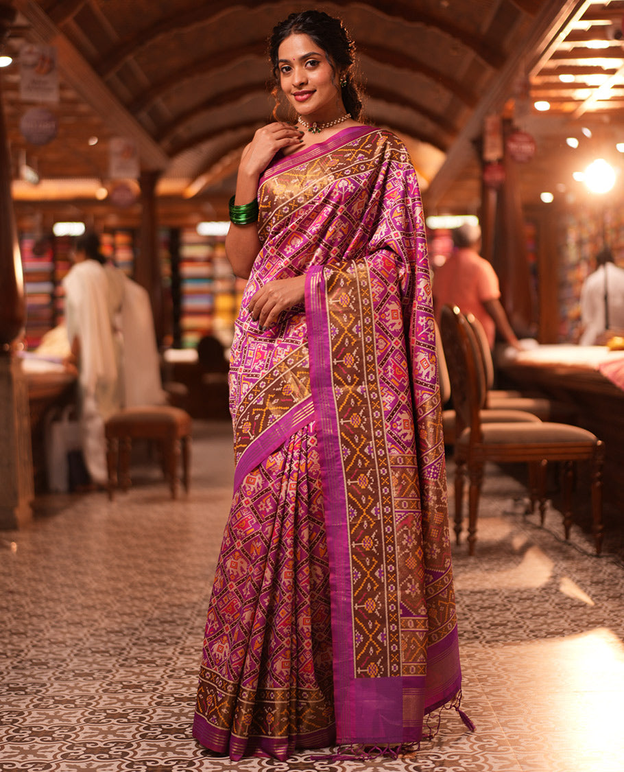 Purple Intricate Motif Semi-Patan Patola Saree, Patola Printed Tissue Border, and a Matching Blouse