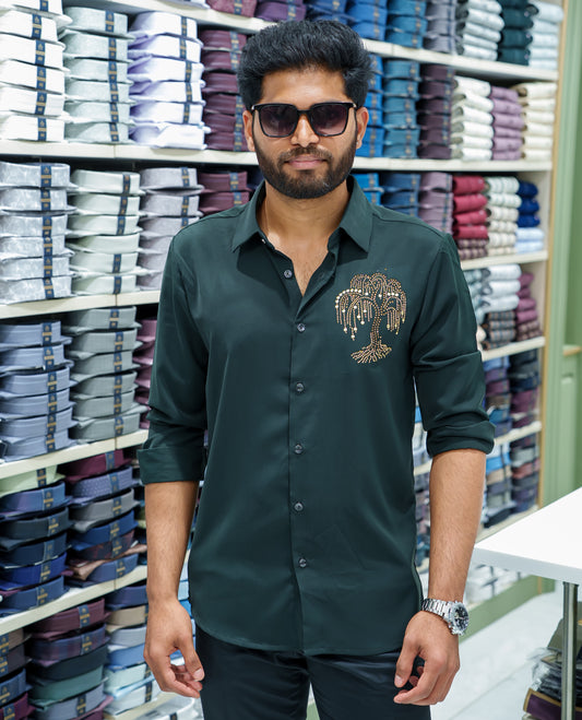 Dark Green Poly Blended Party Wear Shirt, Decorated with Tree-Motif Embroidery, Featuring a Spread Collar, Full Sleeves, Slim Fit, and Regular Length