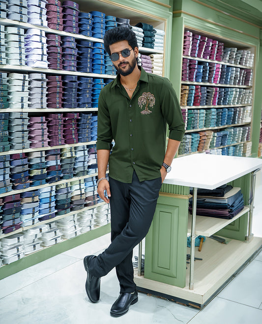 Light Green Poly Blended Party Wear Shirt, Decorated with Tree-Motif Embroidery, Featuring a Spread Collar, Full Sleeves, Slim Fit, and Regular Length
