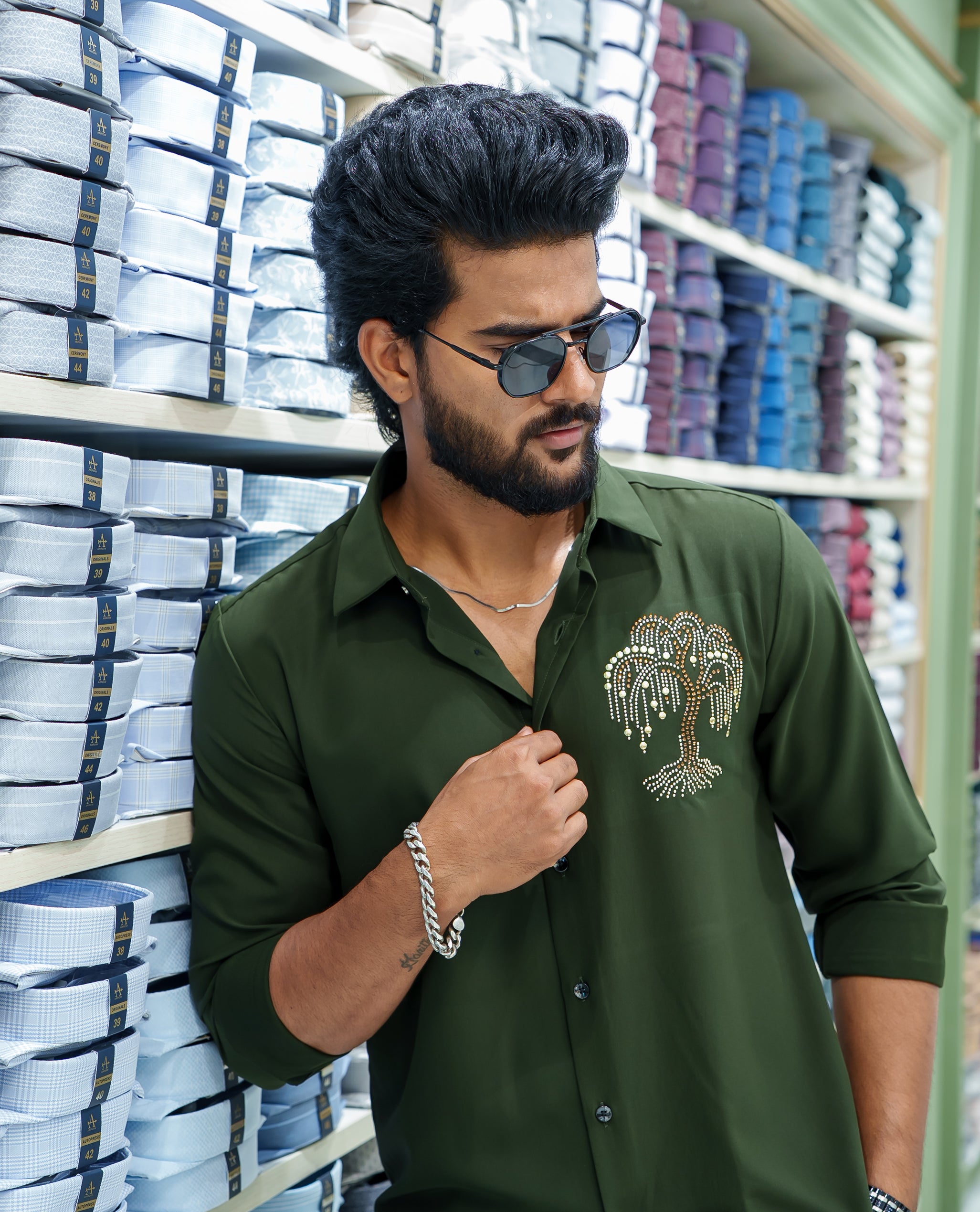 Light Green Poly Blended Party Wear Shirt, Decorated with Tree-Motif Embroidery, Featuring a Spread Collar, Full Sleeves, Slim Fit, and Regular Length