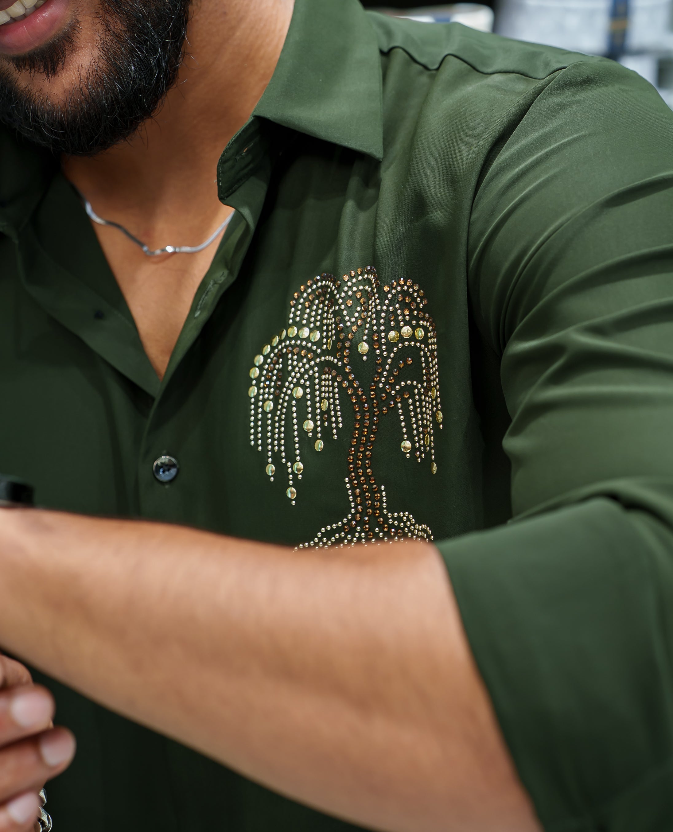 Light Green Poly Blended Party Wear Shirt, Decorated with Tree-Motif Embroidery, Featuring a Spread Collar, Full Sleeves, Slim Fit, and Regular Length