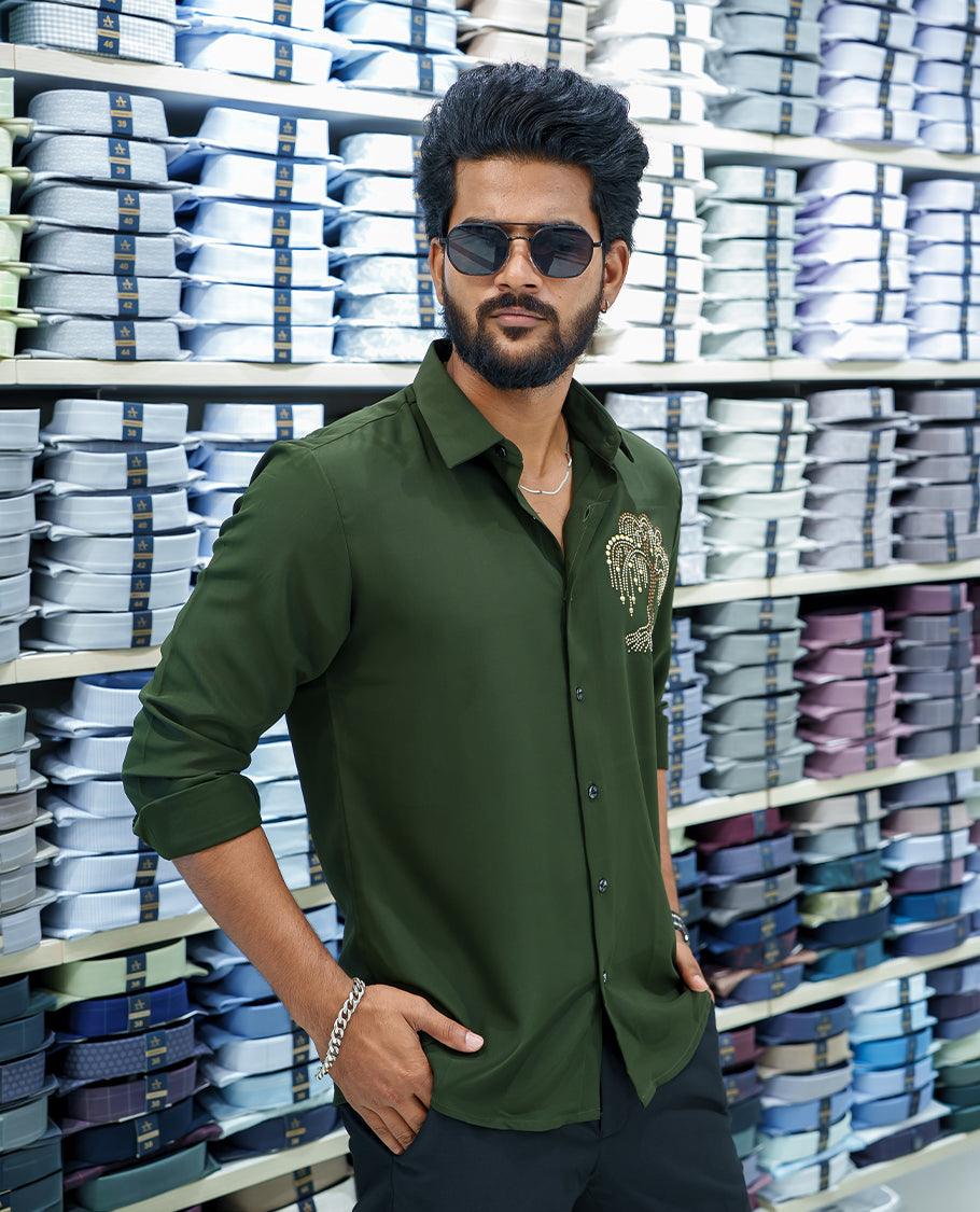 Light Green Poly Blended Party Wear Shirt, Decorated with Tree-Motif Embroidery, Featuring a Spread Collar, Full Sleeves, Slim Fit, and Regular Length