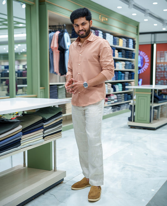 Light Brown Plain Cotton Blended Casual Liquid Shirt, Featuring a Spread Collar, Full Sleeves, Slim Fit, and Regular Length