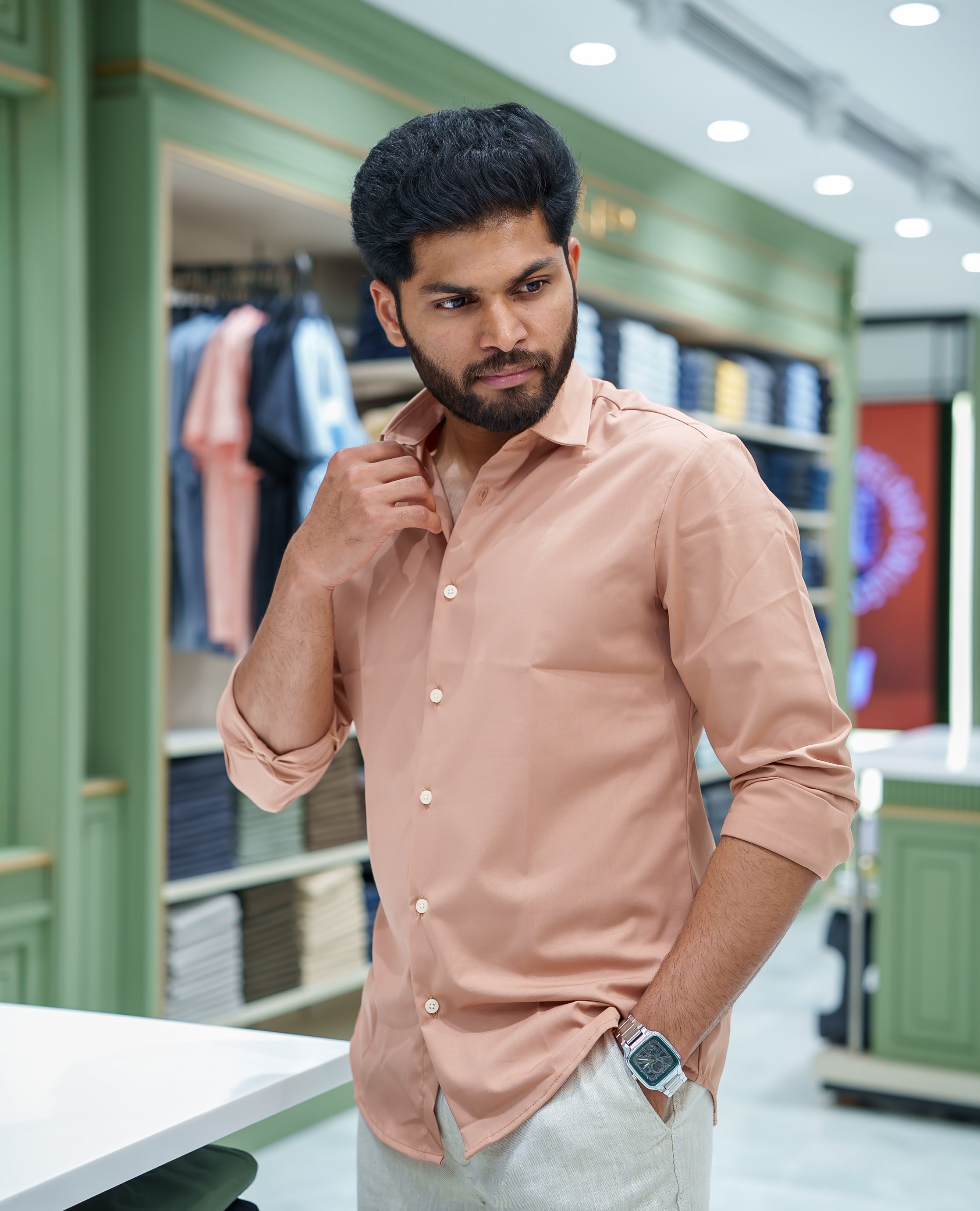 Light Brown Plain Cotton Blended Casual Liquid Shirt, Featuring a Spread Collar, Full Sleeves, Slim Fit, and Regular Length