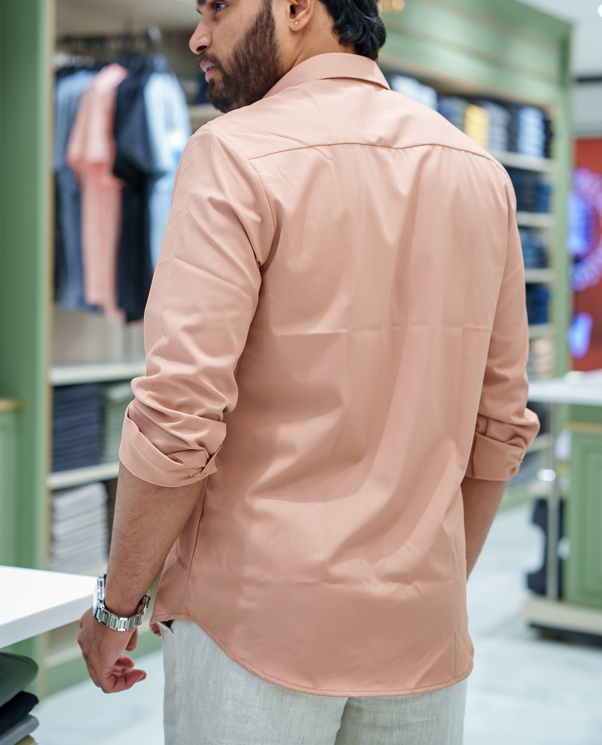 Light Brown Plain Cotton Blended Casual Liquid Shirt, Featuring a Spread Collar, Full Sleeves, Slim Fit, and Regular Length