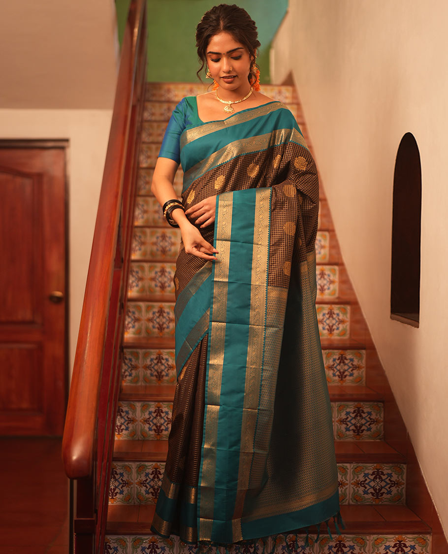 Coffee Brown-Rama Green Zari Design Budget Silk Saree,Contrast Rettai Pettu Zari Border,Jaal Pallu,Contrast Blouse