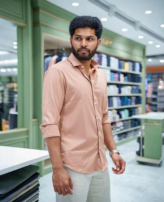 Light Brown Plain Cotton Blended Casual Liquid Shirt, Featuring a Spread Collar, Full Sleeves, Slim Fit, and Regular Length