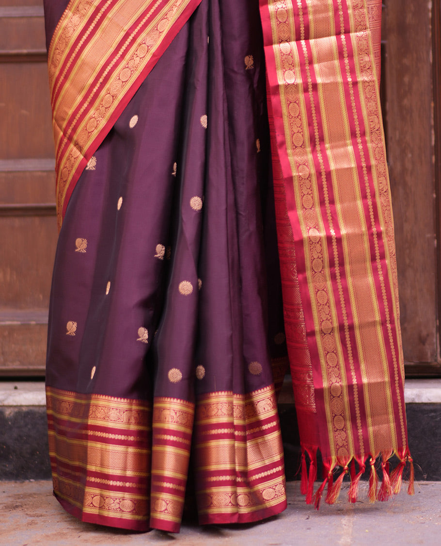 Coffee Brown Mayil-Chakra Vasundhara Lite Silk Mix Saree, Contrast Traditional Border, and Contrast Blouse