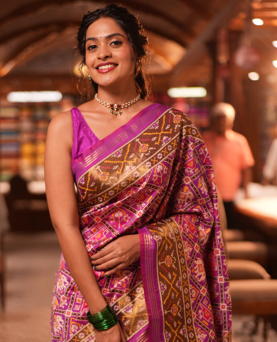Purple Intricate Motif Semi-Patan Patola Saree, Patola Printed Tissue Border, and a Matching Blouse