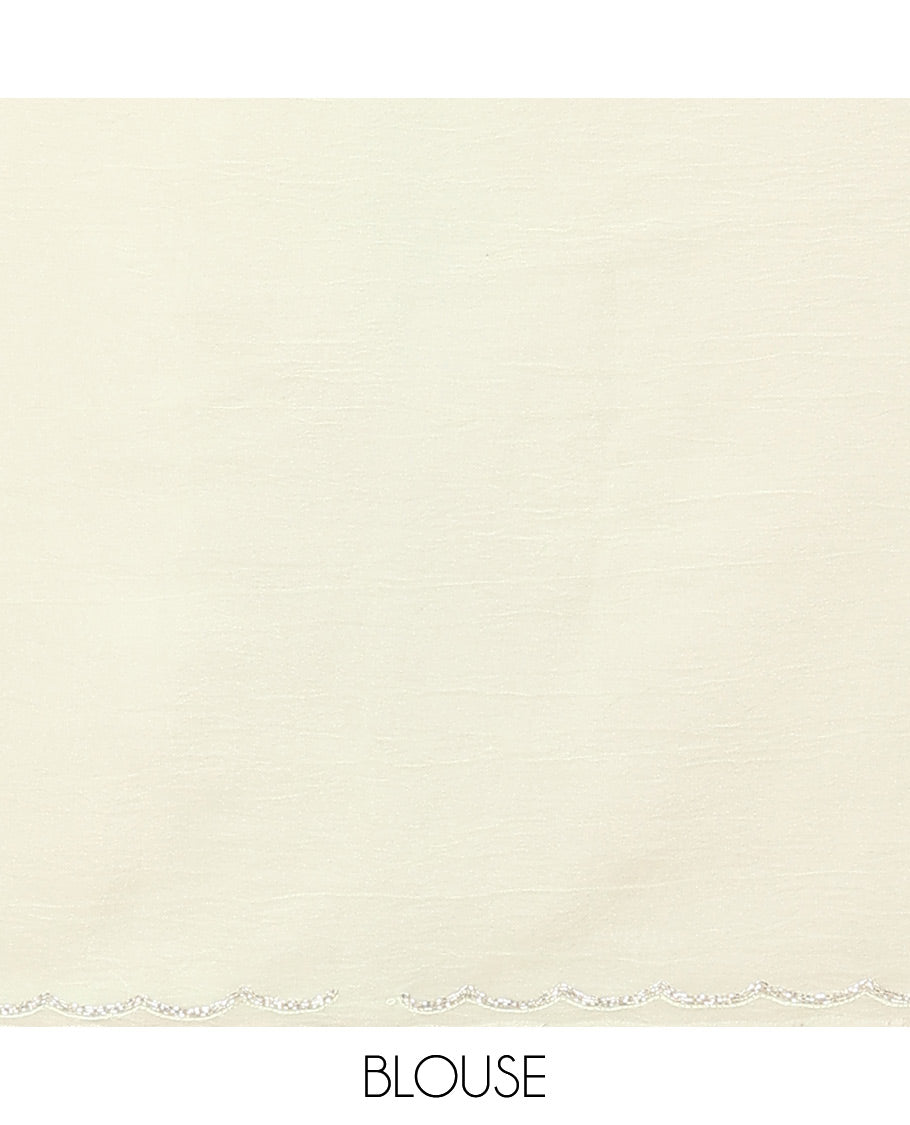 Cream five-petal flowers embroidered saree with scallop stone work border