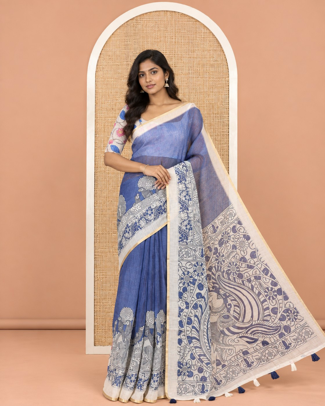 Blue Linen Cotton Saree, Adorned with Kalamkari Floral-Bird Print, Contrast Border, Kalamkari Peacock Pallu, a Contrast Blouse