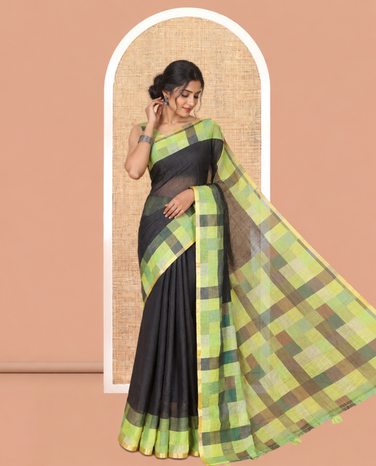 Black-Liril Green Plain Linen Cotton Saree, a Contrast Checked Border, Checked Pallu, and a Contrast Blouse