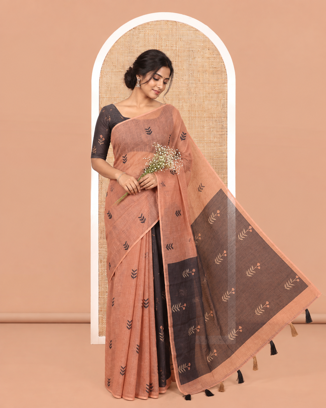 Borderless Brown Linen Cotton Saree with Leaf Print, a Contrast Leaf-Printed Pallu, and Contrast Blouse