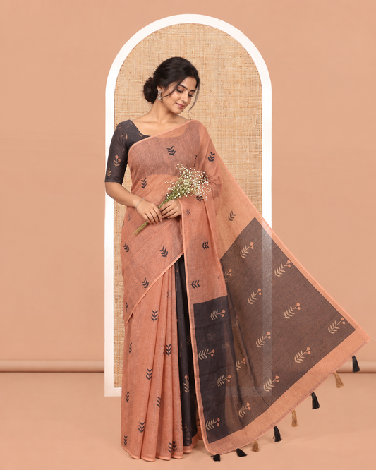 Borderless Brown Linen Cotton Saree with Leaf Print, a Contrast Leaf-Printed Pallu, and Contrast Blouse