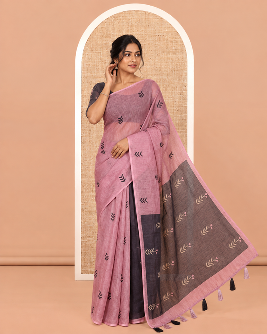 Borderless Dusky Rose Linen Cotton Saree with Leaf Print, a Contrast Leaf-Printed Pallu, and Contrast Blouse