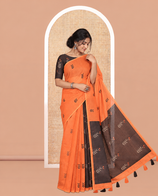 Borderless Orange Linen Cotton Saree with Leaf Print, a Contrast Leaf-Printed Pallu, a Contrast Blouse