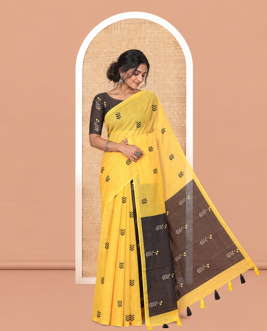 Borderless Yellow Linen Cotton Saree with Leaf  Print, a Contrast Leaf-Printed Pallu, aContrast Blouse