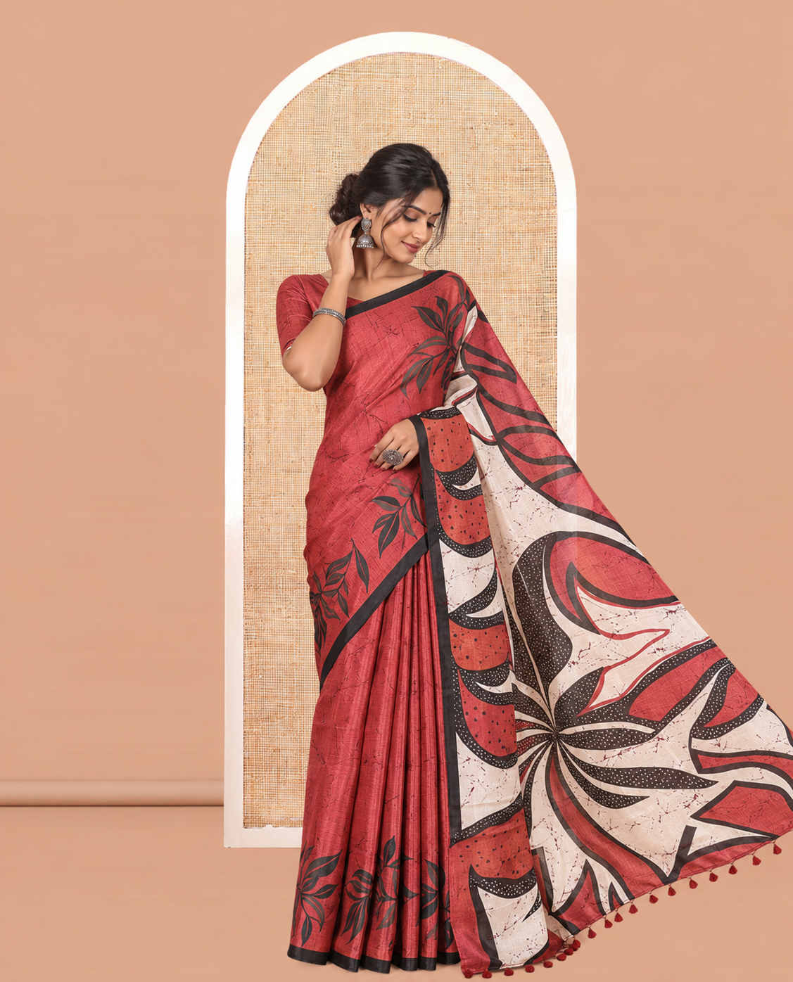 Dusky Pink Batik-Style Floral Printed Art Khadi Cotton Saree, a Contrast Border, and a Matching Blouse