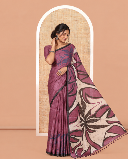 Lavender Batik-Style Floral Printed Art Khadi Cotton Saree, a Contrast Border, and a Matching Blouse