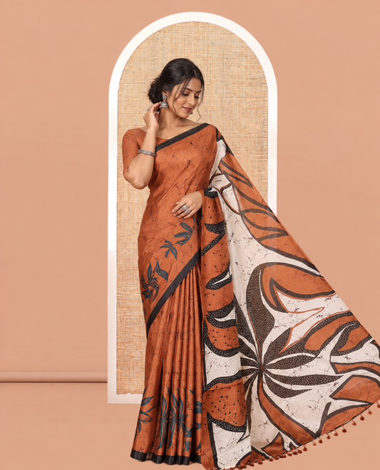Brown Batik-Style Floral Printed Art Khadi Cotton Saree, a Contrast Border, and a Matching Blouse