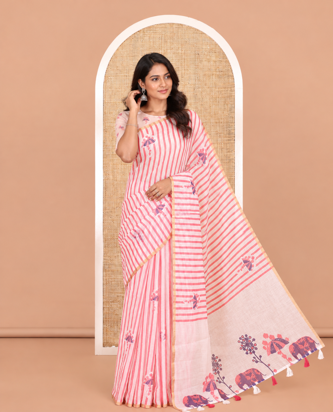 Borderless White-Pink Linen Cotton Saree, Beautified with Vertical Stripes, an Umbrella Print, and a Matching Blouse