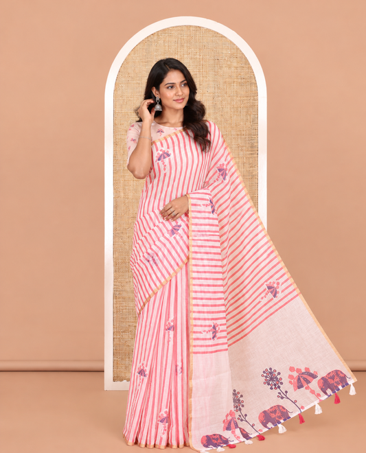 Borderless White-Pink Linen Cotton Saree, Beautified with Vertical Stripes, an Umbrella Print, and a Matching Blouse