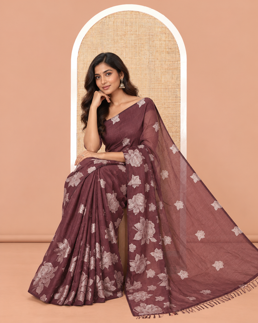 Borderless Brown  Rose Floral Printed Vichitra Silk Saree, Self-Pallu of Floral Designs, and No Blouse