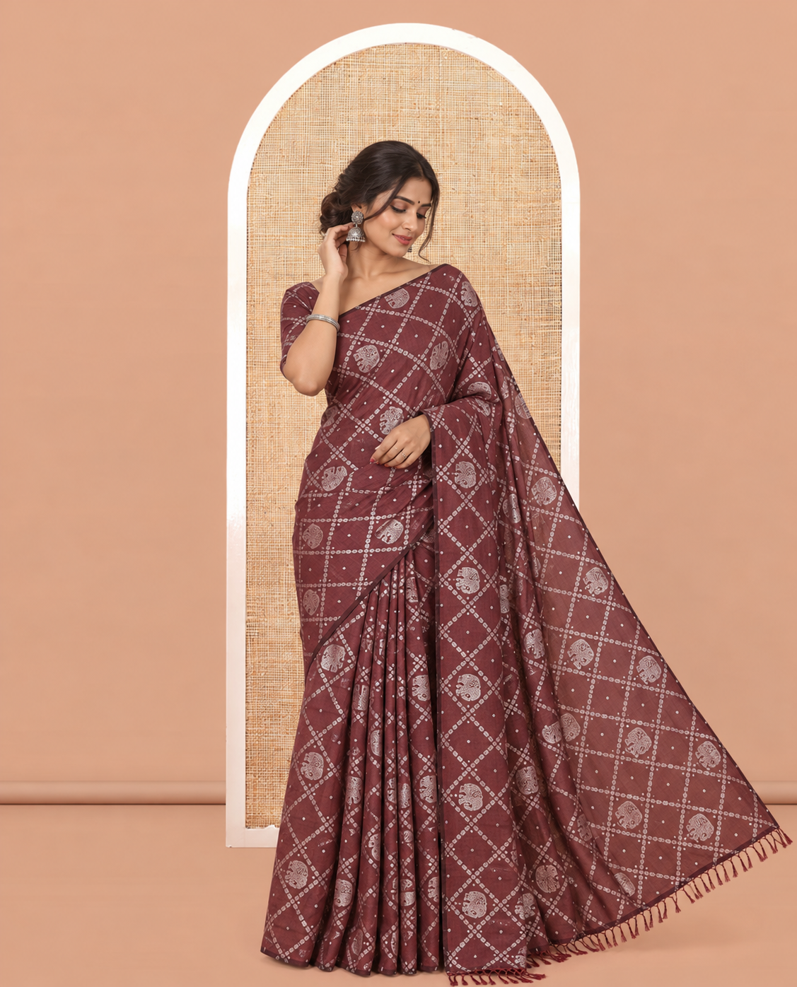 Borderless Dark Maroon Vichitra Silk Saree Features Elephant Butta Enclosed Jaal Design, a Self-Pallu, and No Blouse