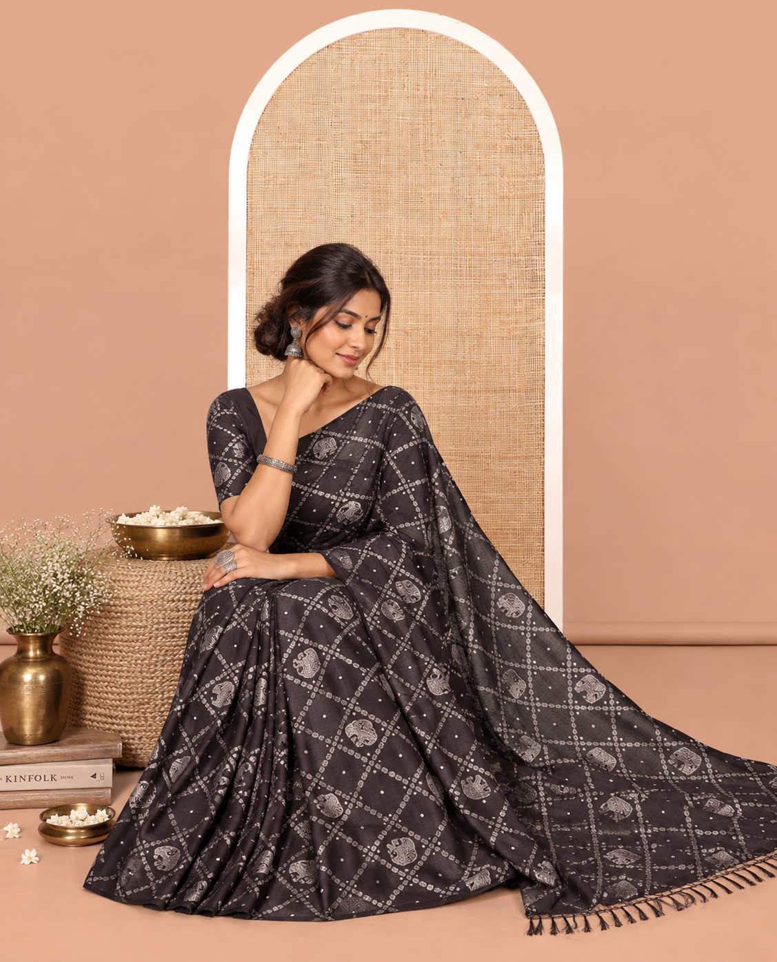 Borderless Black Vichitra Silk Saree Features Elephant Butta Enclosed Jaal Design, a Self-Pallu, and No Blouse