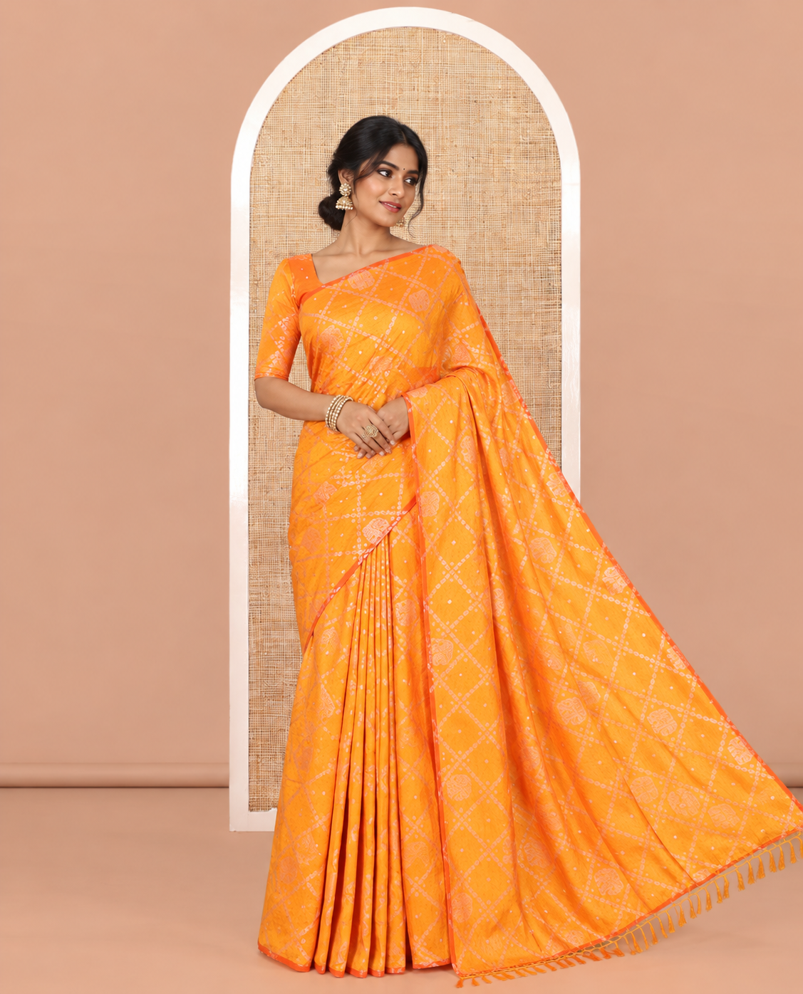 Borderless Yellow Vichitra Silk Saree Features Elephant Butta Enclosed Jaal Design, a Self-Pallu, and No Blouse
