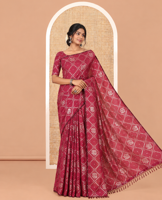 Borderless Purple Vichitra Silk Saree Features Elephant Butta Enclosed Jaal Design, a Self-Pallu, and No Blouse