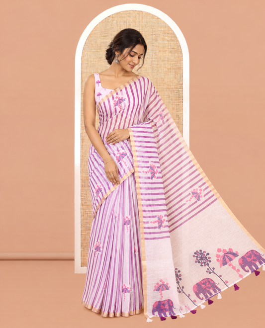 Borderless White-Violet Linen Cotton Saree, Adorned with Vertical Stripes, an Umbrella Print, and a Matching Blouse